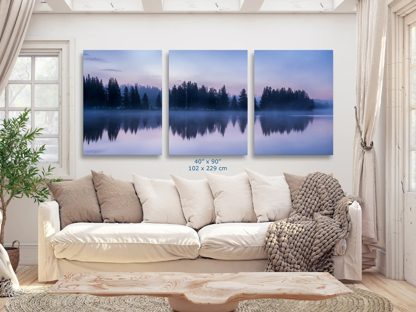 Massive 40x90 three-panel wall art of Yellowstone Lake's twilight, transforming a living room wall into a window to nature's serenity.