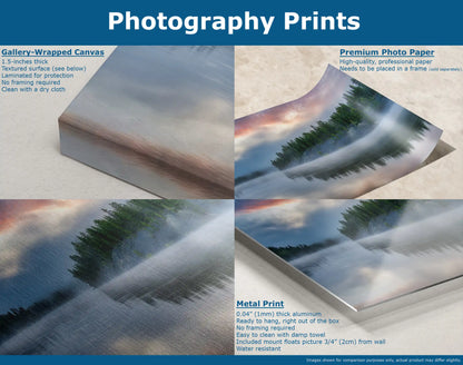 Variety of Yellowstone Lake sunrise prints on gallery-wrapped canvas, premium paper, and metal.