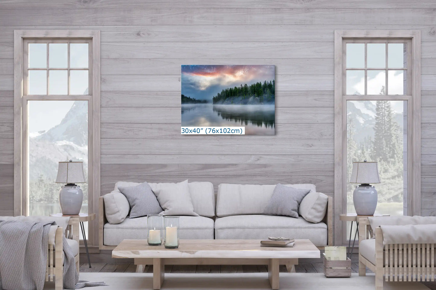 Yellowstone Lake's dawn reflection captured in a grand 30x40 canvas, accentuating a spacious living room.