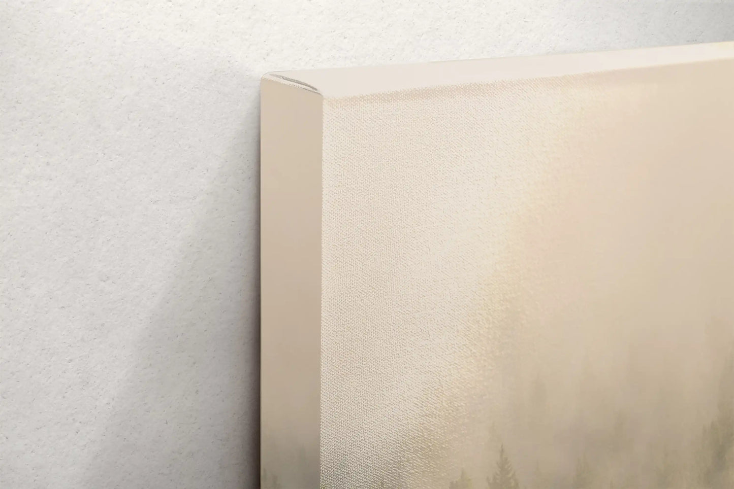 Side angle of a foggy Yellowstone forest canvas wall art, emphasizing the thickness and the image's continuation along the edge.