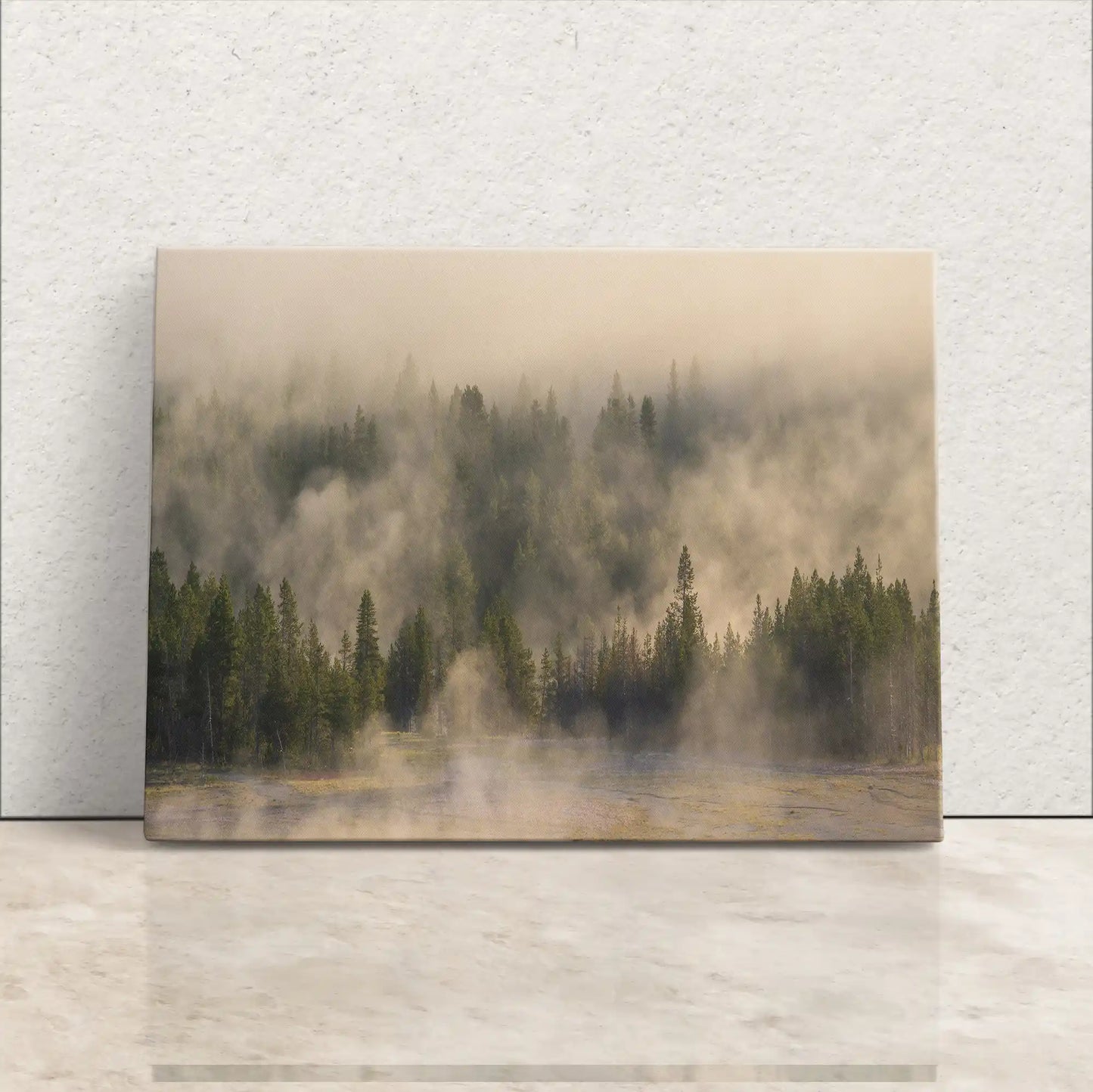 Premium canvas print of Yellowstone's foggy forest, requiring framing, capturing the ethereal beauty of mist among trees