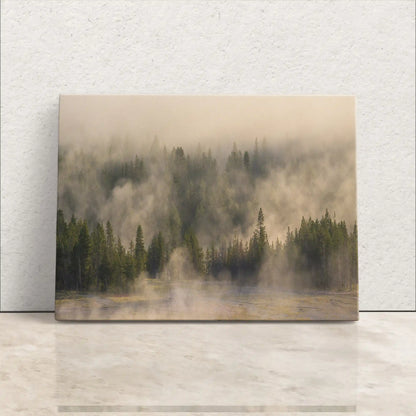 Premium canvas print of Yellowstone's foggy forest, requiring framing, capturing the ethereal beauty of mist among trees