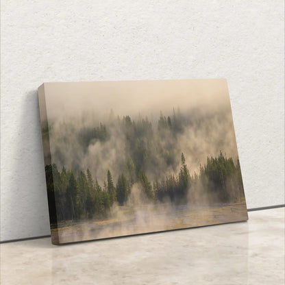 Side view of Canvas Wall art depicting a misty Yellowstone forest, with trees partially obscured by fog, presented on a canvas leaning against a white wall.
