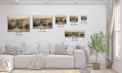 Assorted sizes of Yellowstone foggy forest prints displayed in a living room, offering a range of wall art dimensions for decor.
