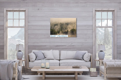 A 30x40 canvas print of Yellowstone's foggy forest in a cozy living room setting, ideal for creating a calming ambiance.