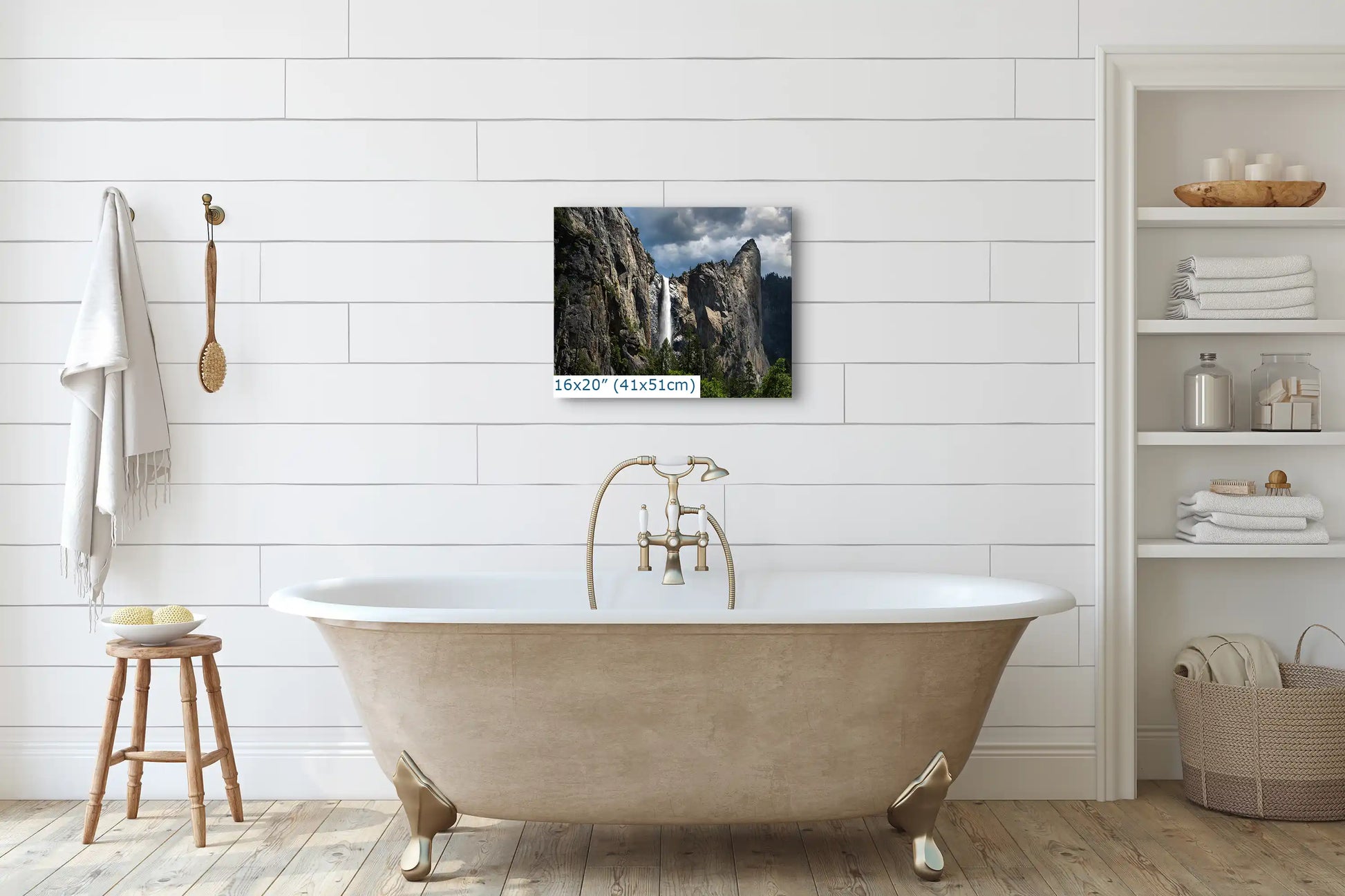 Yosemite National Park Bridalveil Falls wall art in bathroom, nature landscape photograph, size 16x20 inches