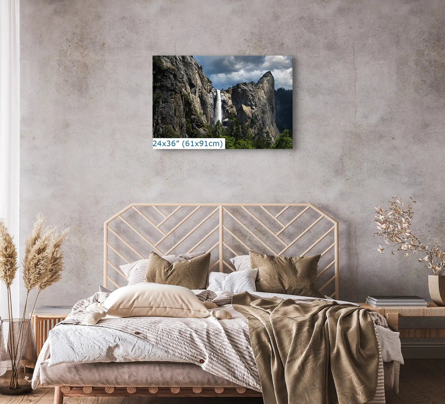 Yosemite National Park Bridalveil Falls wall art in bedroom, nature landscape photograph, size 24x36 inches