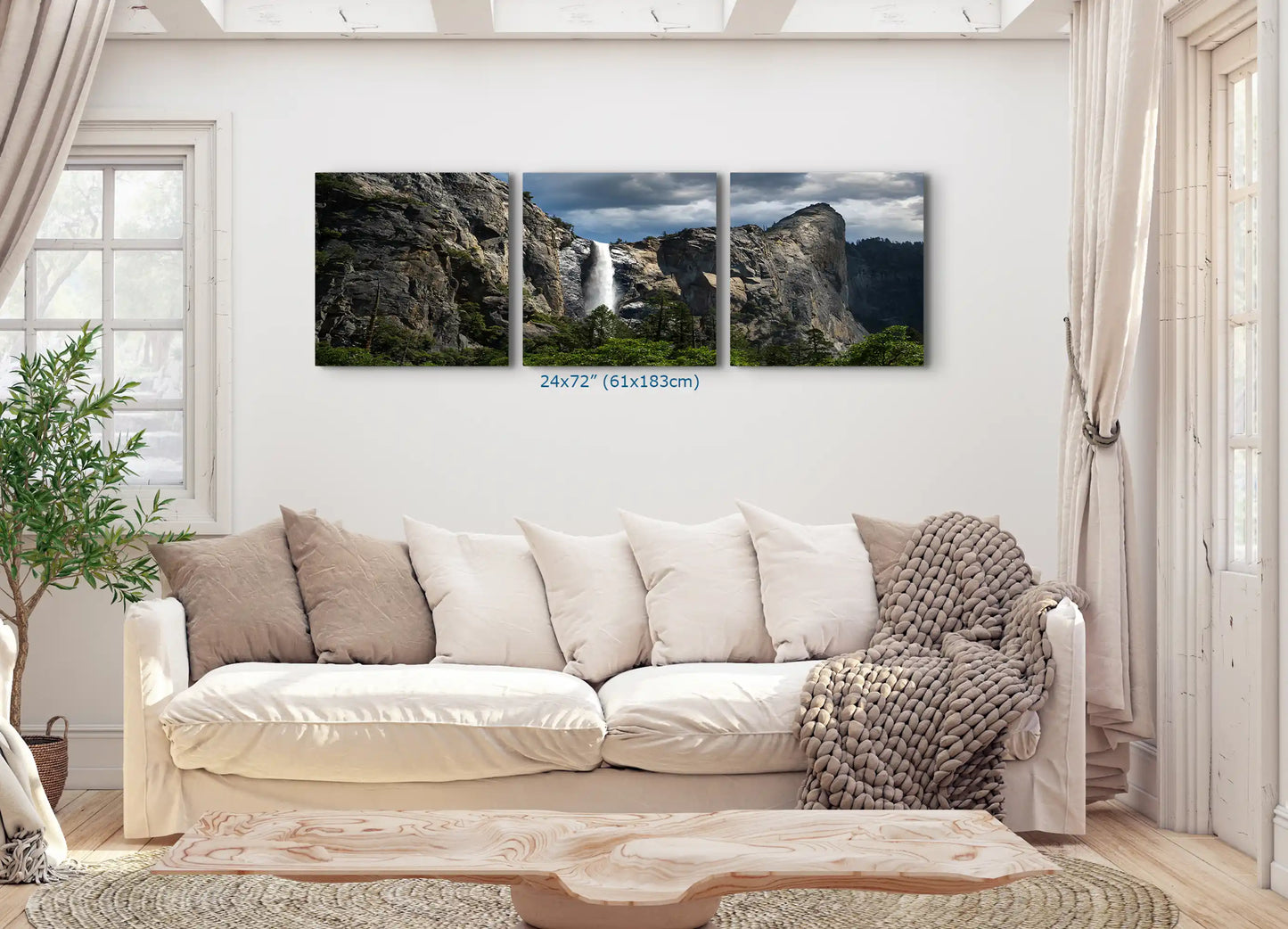 Yosemite National Park Bridalveil Falls triptych wall art in living room, nature landscape photograph, size 24x72 inches