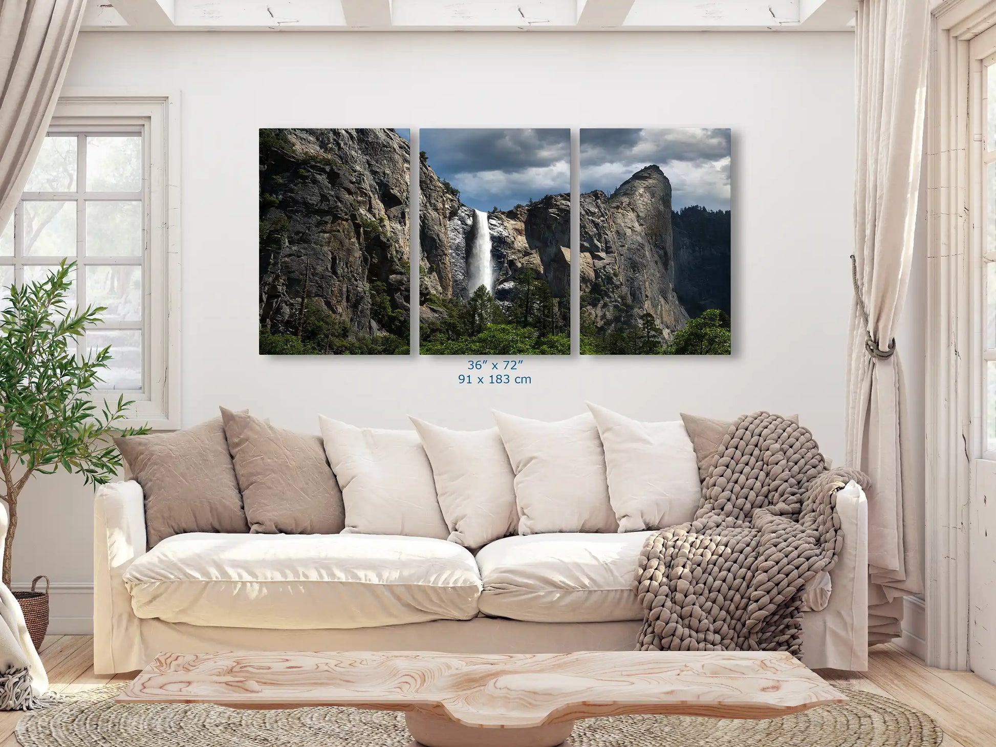 Yosemite National Park Bridalveil Falls triptych wall art in living room, nature landscape photograph, size 36x72 inches