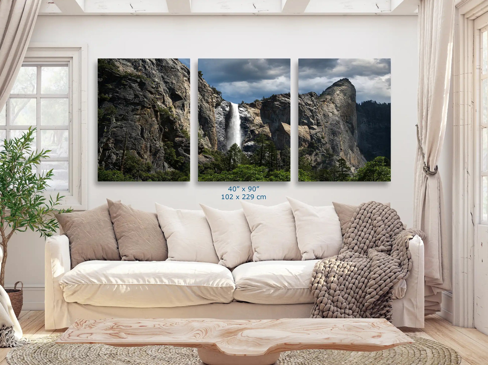 Yosemite National Park Bridalveil Falls triptych wall art in living room, nature landscape photograph, size 40x90 inches.