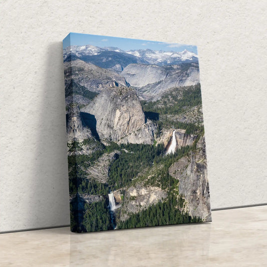 Canvas print of Nevada Falls and Vernal Falls from Glacier Point in Yosemite National Park, highlighting the majestic waterfalls amidst rugged cliffs, ready to hang in a modern home.