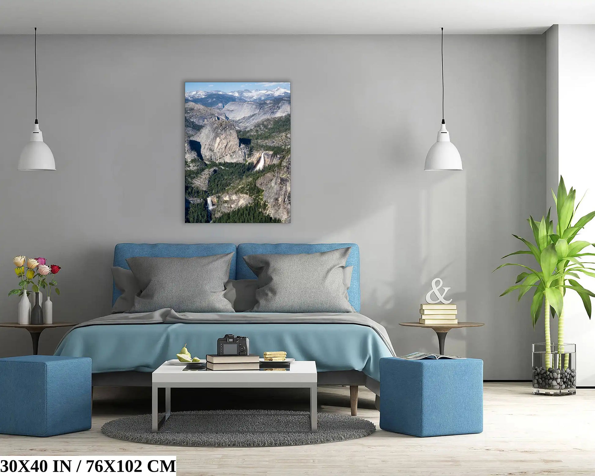 30x40 inch canvas print of Nevada Falls and Vernal Falls in Yosemite, creating a focal point in bedroom settings with its impressive scale and vivid imagery.