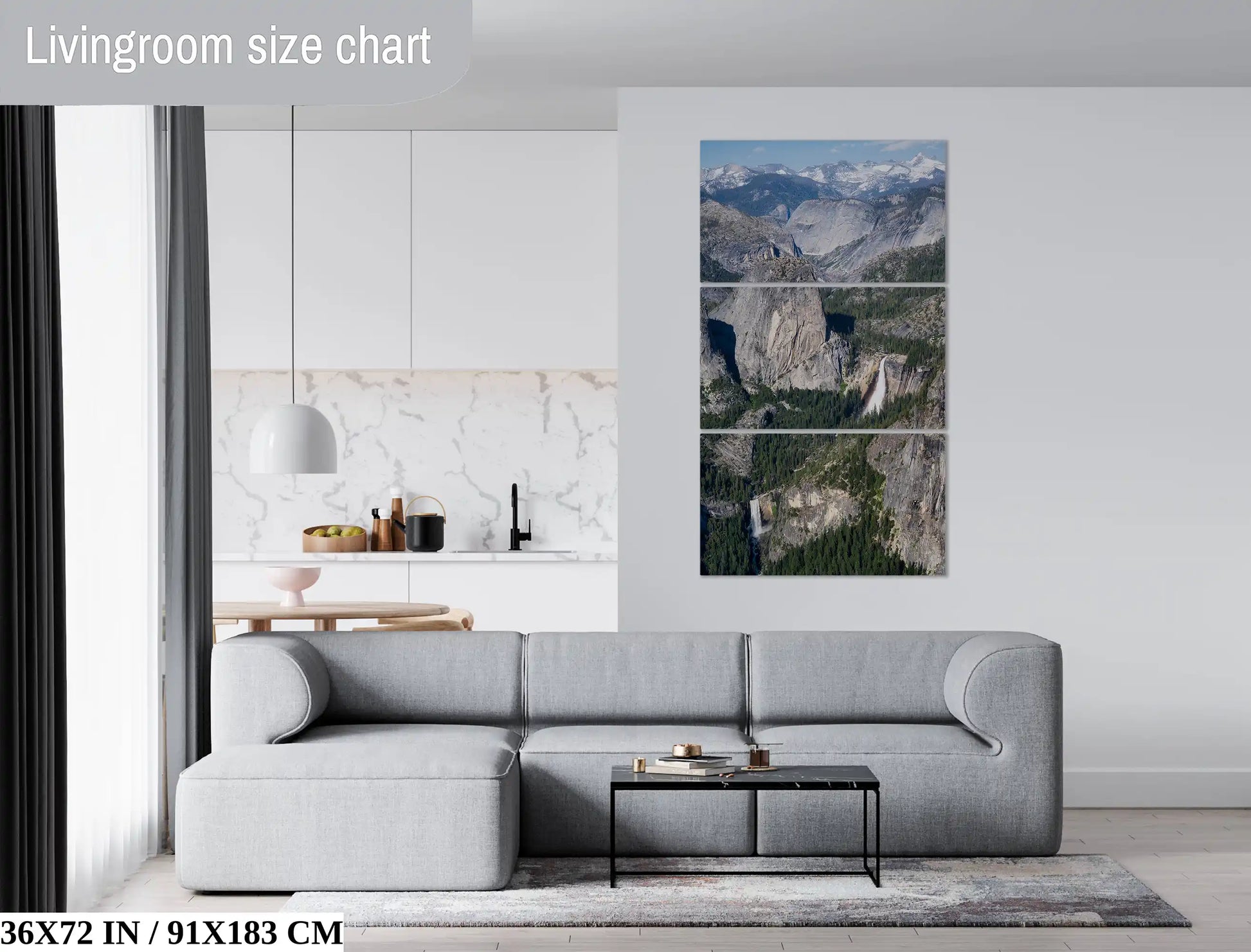 Panoramic 36x72 inch wall art of Nevada and Vernal Falls, spanning across Yosemite's landscape, perfect for creating a dramatic impact in spacious living rooms.