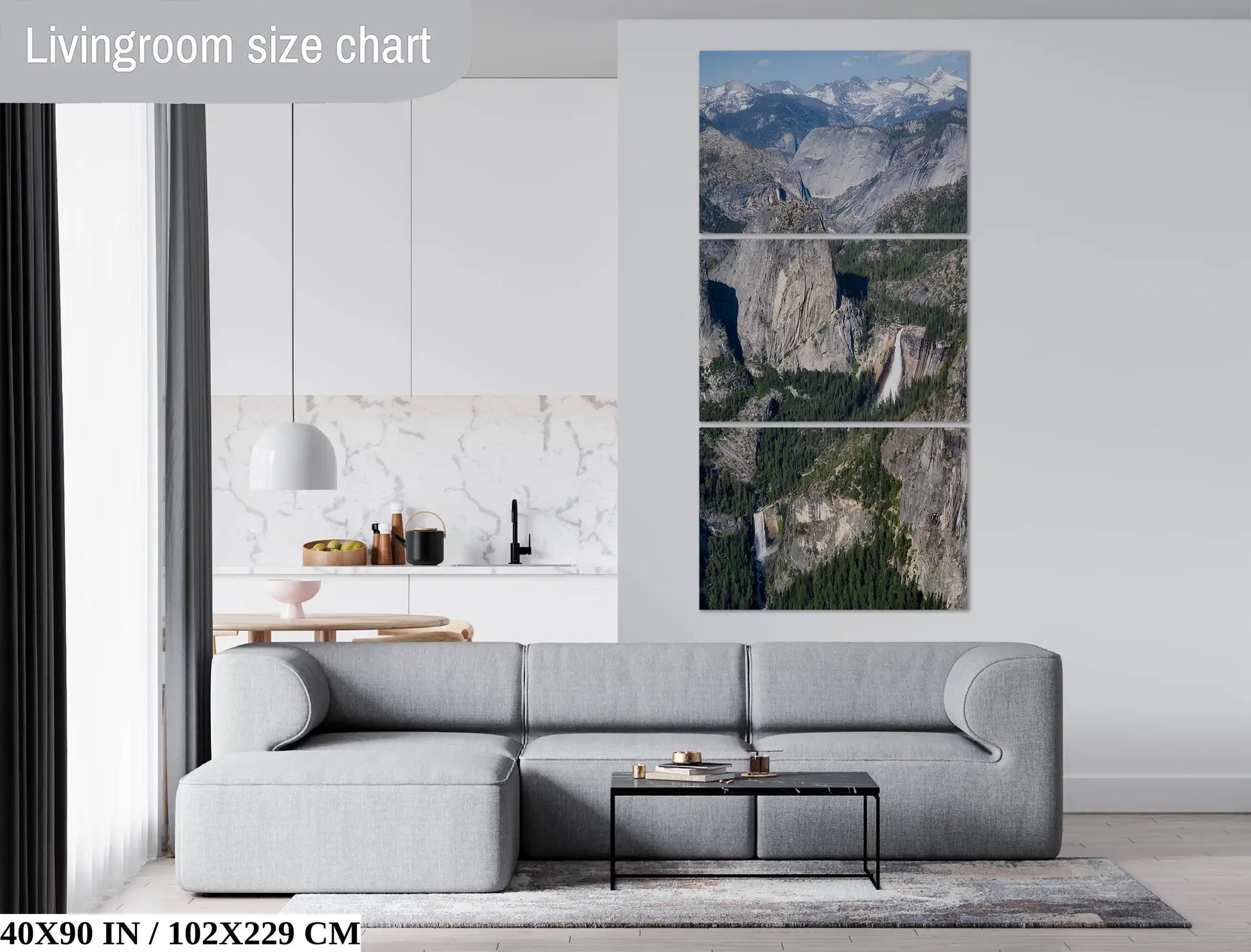 Extra-large 40x90 inch canvas print capturing the grandeur of Nevada and Vernal Falls in Yosemite, designed for expansive wall spaces in modern living areas.