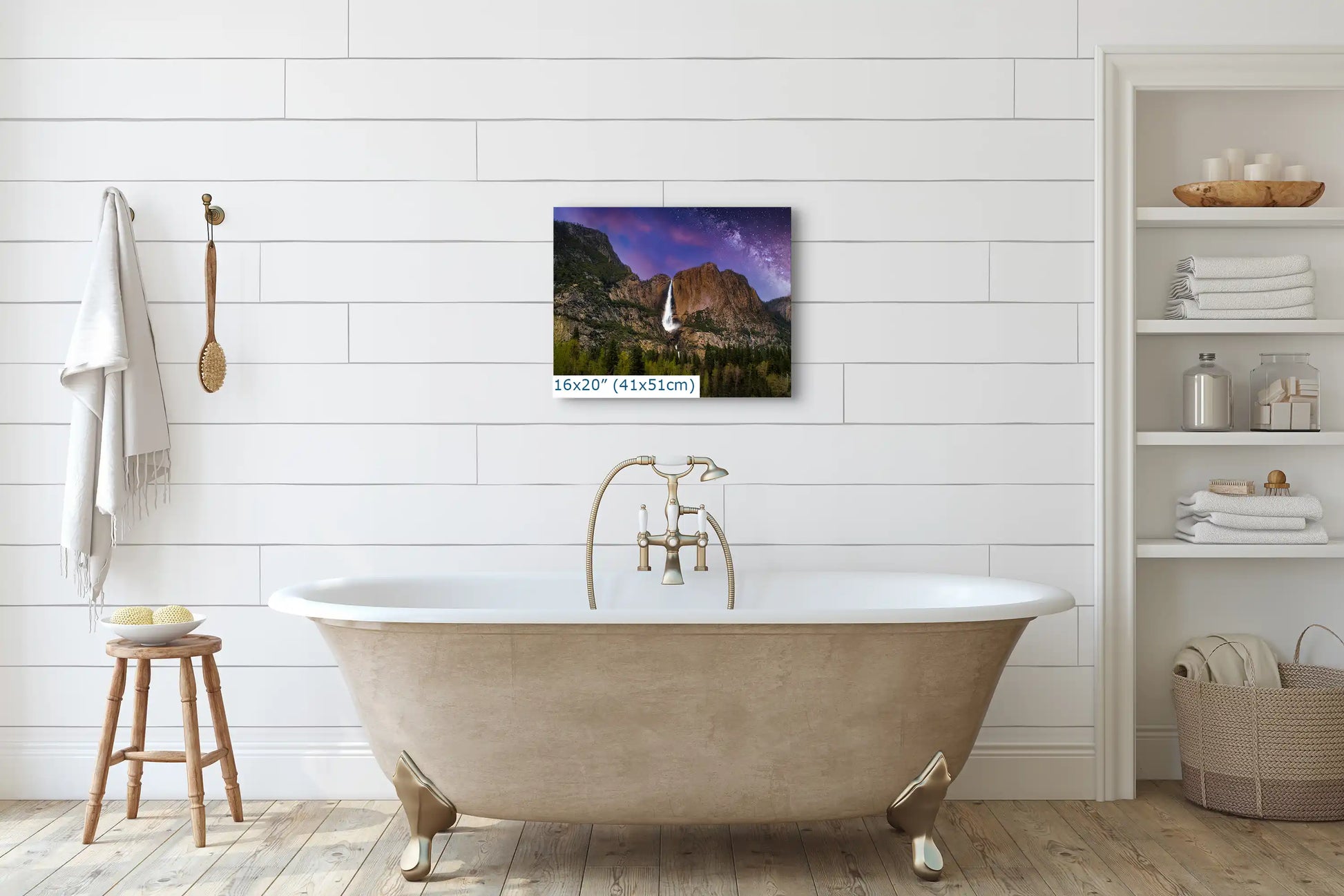 16x20 Yosemite Falls at Night Wall Decor shown over a bathroom tub