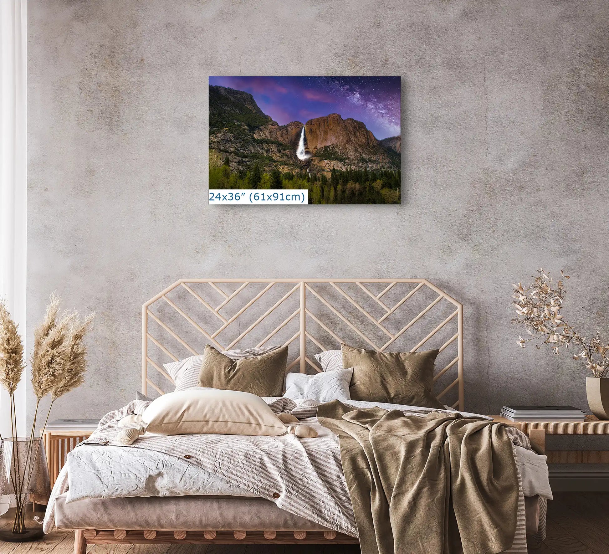 24x36 Yosemite Falls at Night Wall Decor shown over a bed