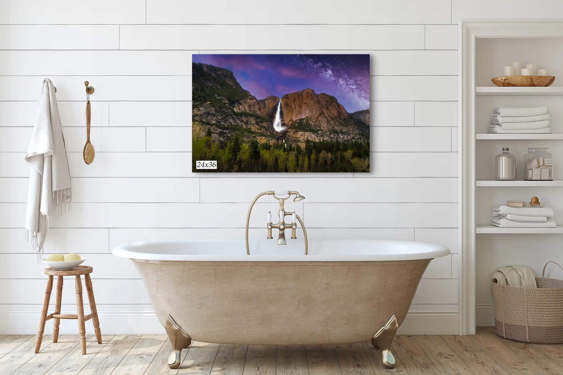 24x36 Yosemite Falls at Night Wall Decor shown over a bathroom tub