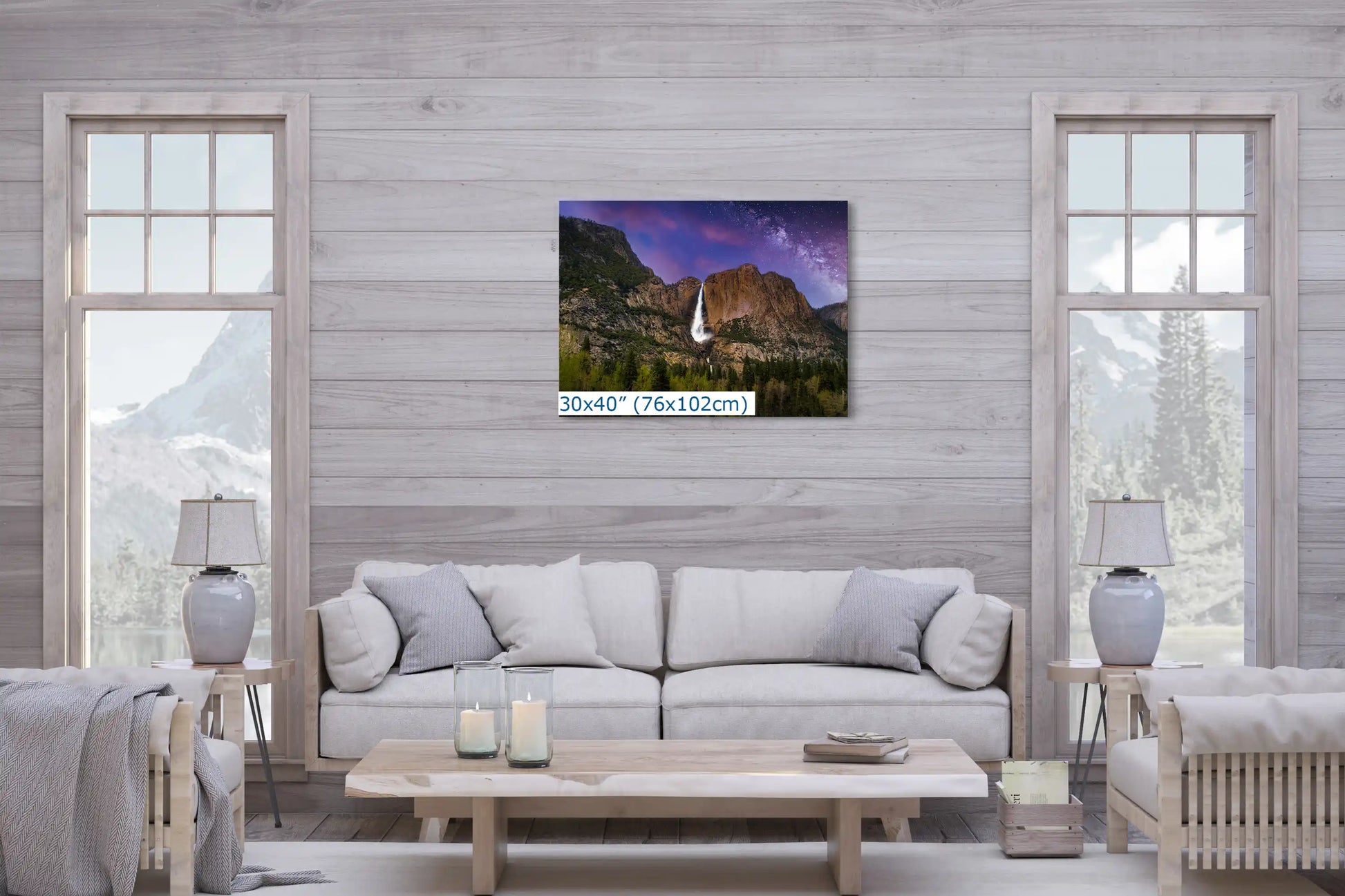 30x40 Yosemite Falls at Night Wall Decor shown over a living room couch