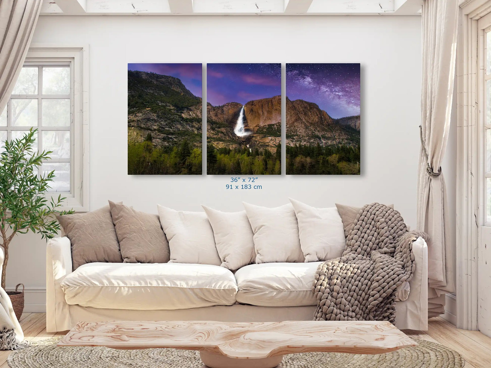 36x72 Yosemite Falls at Night Wall Decor shown over a living room couch