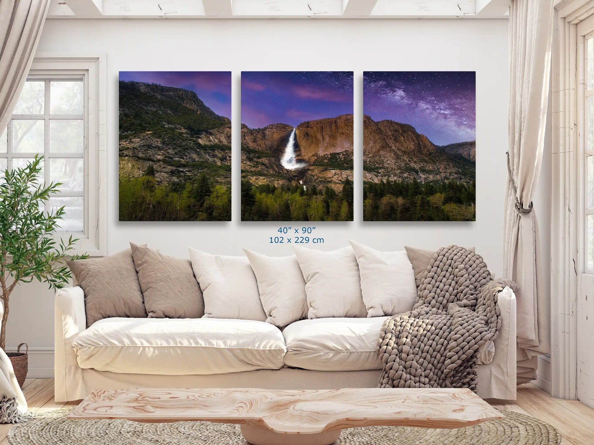 40x90 Yosemite Falls at Night Wall Decor shown over a living room couch