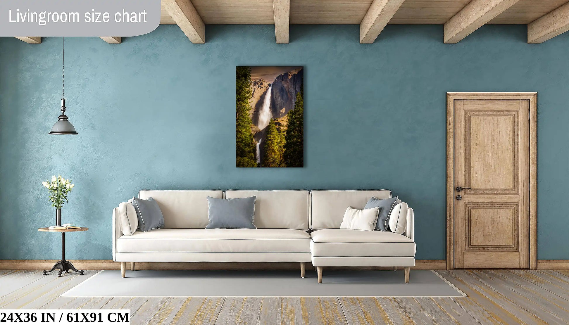 Expansive 24x36 inch Yosemite Falls sunset print in a living room, providing a mesmerizing view that complements minimalist furniture.