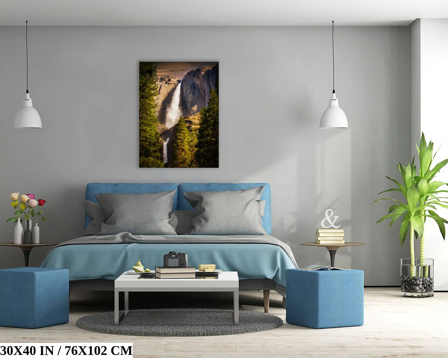 30x40 inch Yosemite Falls sunset print in a bedroom, creating a peaceful ambiance with its stunning depiction of the iconic waterfall and cliffs.