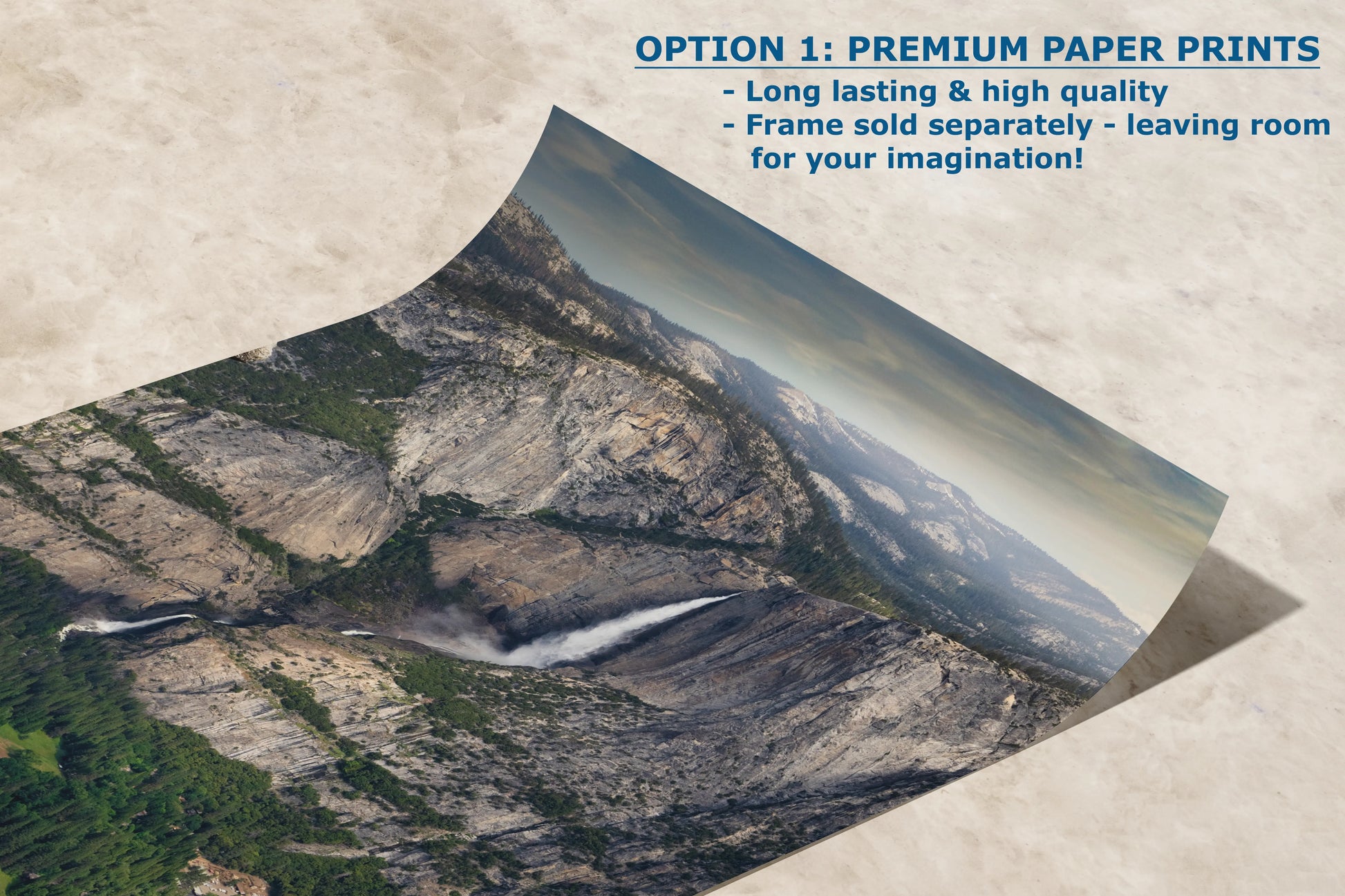 Yosemite Falls from Glacier Point, detailed nature landscape photography, high-quality paper print, ideal for nature lovers and home decor.