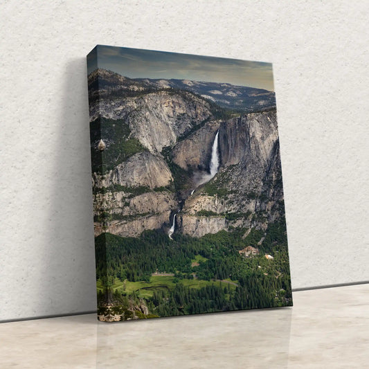 Yosemite Falls from Glacier Point, nature landscape wall art, left-leaning canvas print, iconic waterfall view, perfect for modern home decoration.