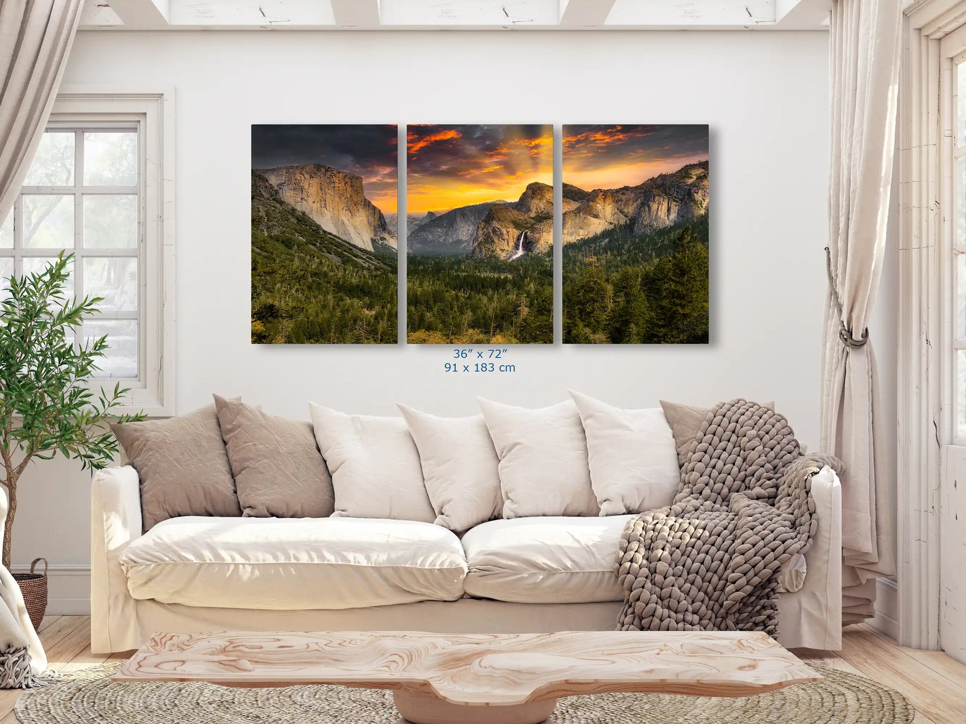 Yosemite Valley from Tunnel View 36x72 three piece canvas over living room couch