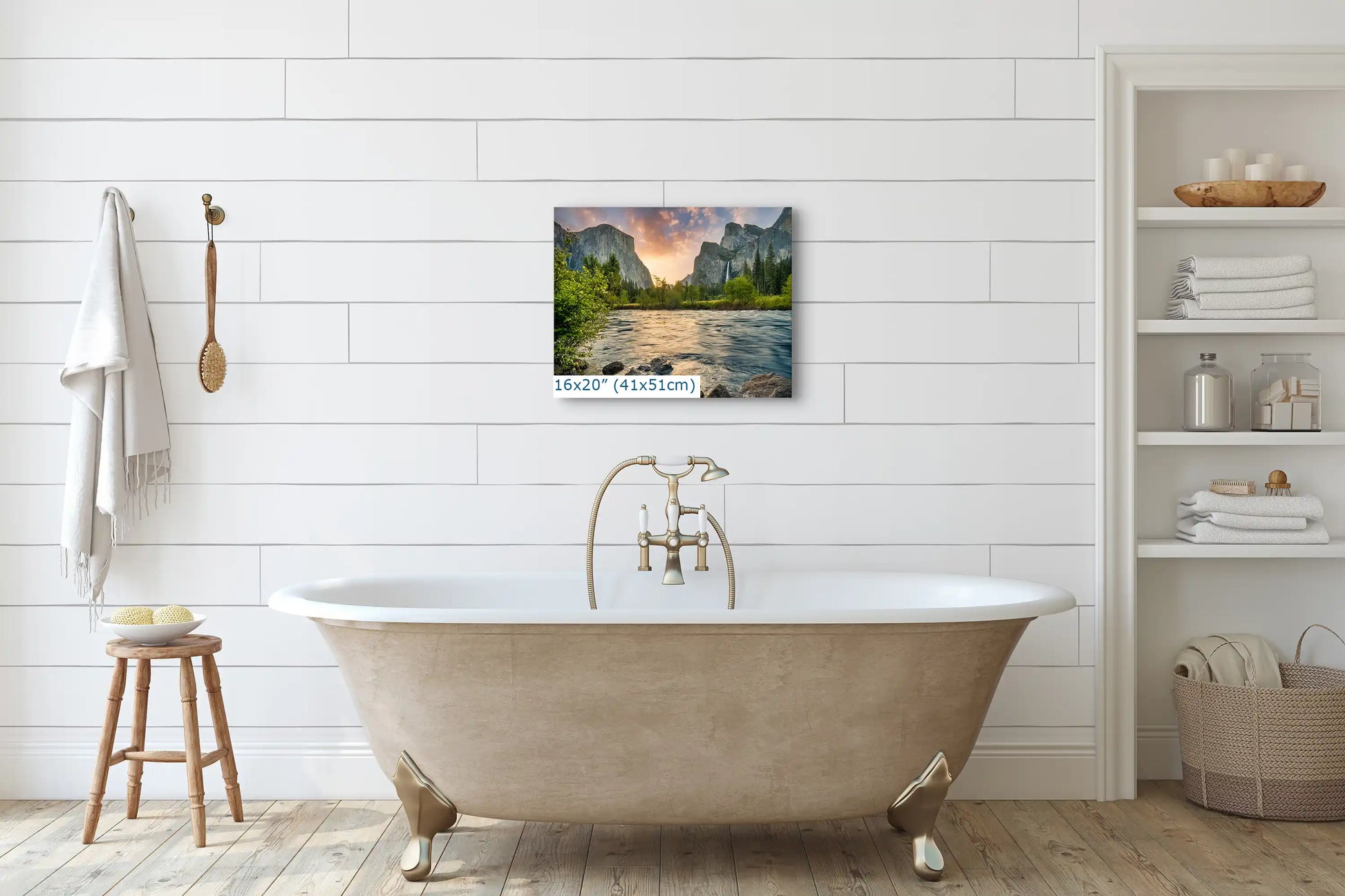 Yosemite Valley View sunrise landscape wall art photograph in bathroom, premium paper print 16x20 inches for elegant decor