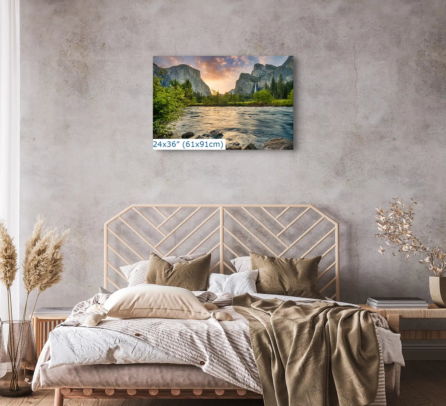 Yosemite Valley View sunrise landscape wall art photograph in living room, canvas print 24x36 inches for nature-inspired decor