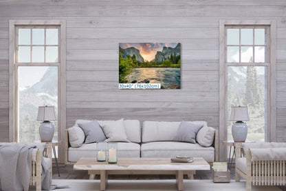 Yosemite Valley View sunrise landscape wall art photograph in living room, canvas print 30x40 inches for stylish home decoration