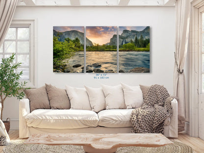 Yosemite Valley View sunrise landscape wall art photograph in living room, triptych canvas print 36x72 inches for panoramic view