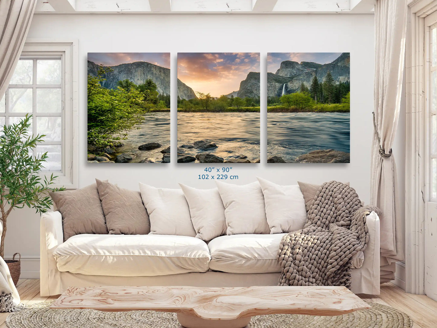 Yosemite Valley View sunrise landscape wall art photograph in living room, triptych canvas print 40x90 inches for grand display