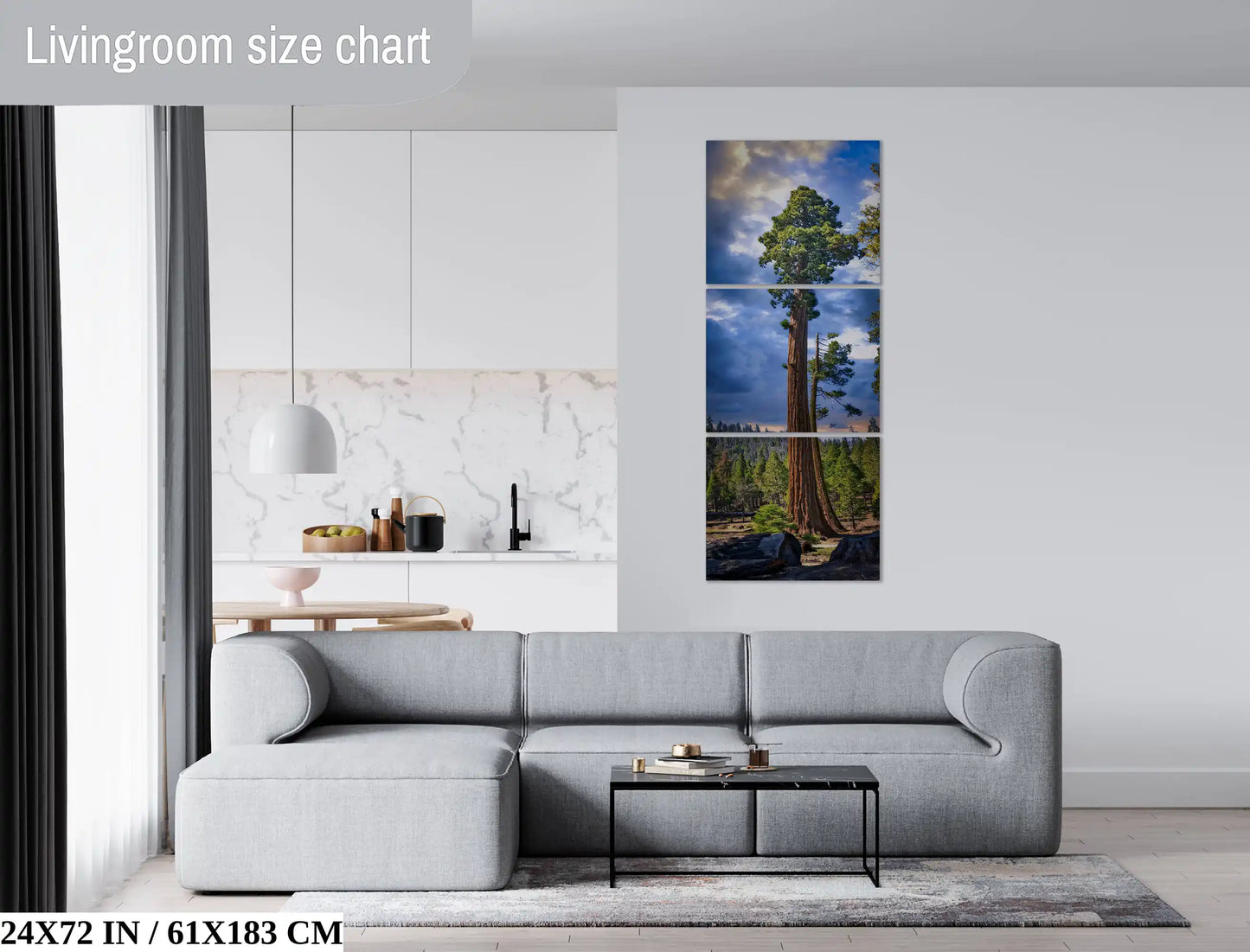 A large 3-piece portrait wall art of a Sequoia tree, enhancing the contemporary decor of a modern living room shown in 24"x72".