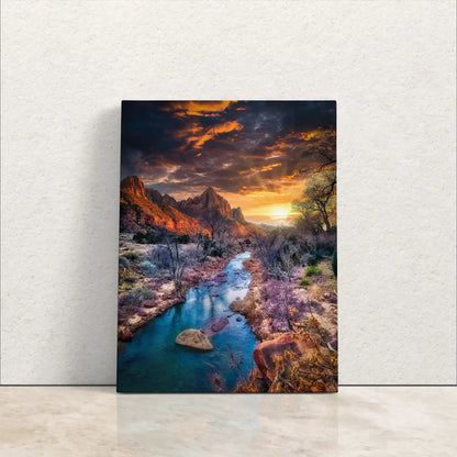 Front view of a canvas print against a wall, displaying Zion's Watchman Mountain at sunset in full, vivid detail.