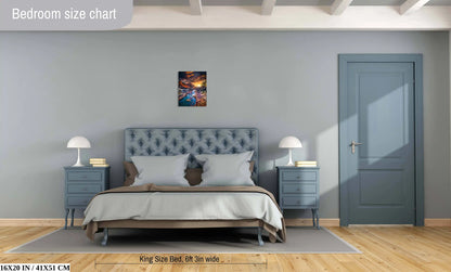 A 16x20-inch wall art of Zion's Watchman Mountain at sunset above a king-size bed, giving a sense of scale and visual impact in a bedroom setting.