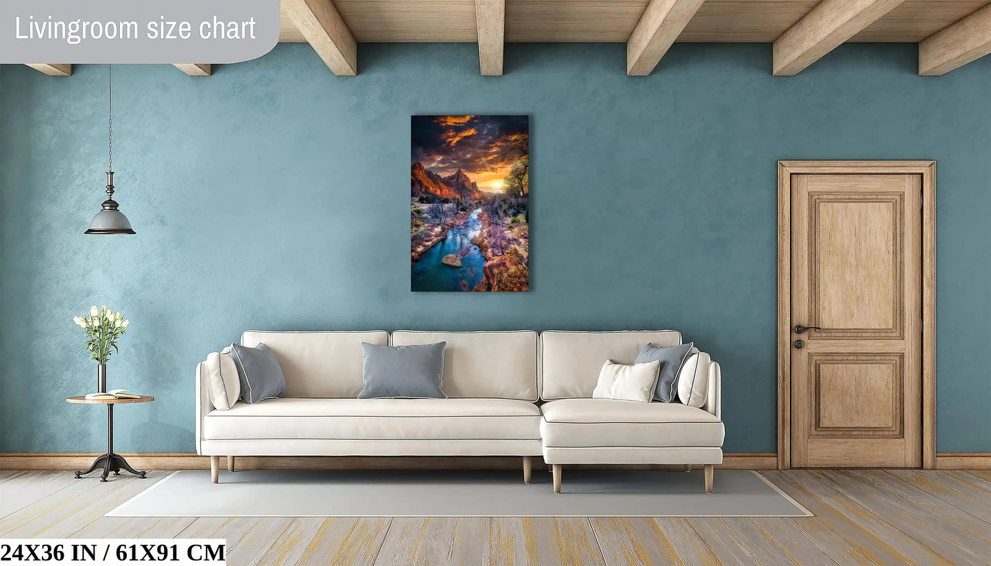 A 24x36 inch canvas print of Zion's Watchman Mountain at sunset in a stylized living room, demonstrating the artwork's fit in home decor.