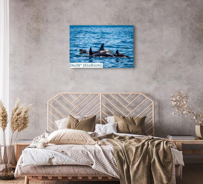 Orca (Killer Whale) family wall art, sized 24x36 inches, mounted above a cozy bed in a warm, rustic bedroom setting.