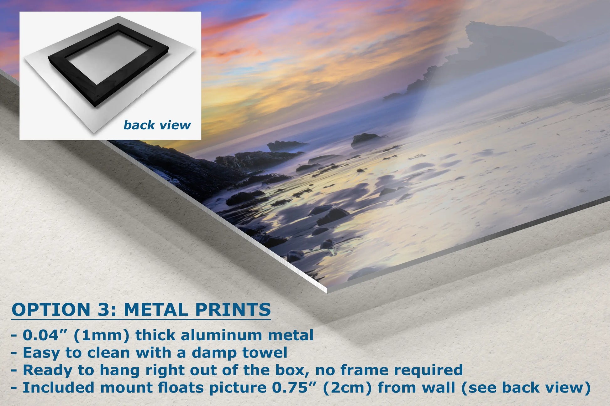 a picture of a beach with the text option 3 metal prints