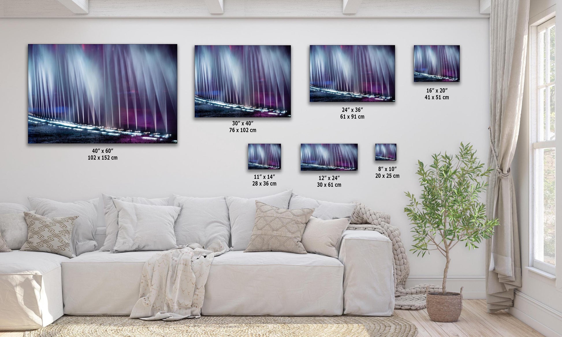 Multi-size display options for abstract Bellagio fountains wall art in Las Vegas on paper, canvas, or metal.