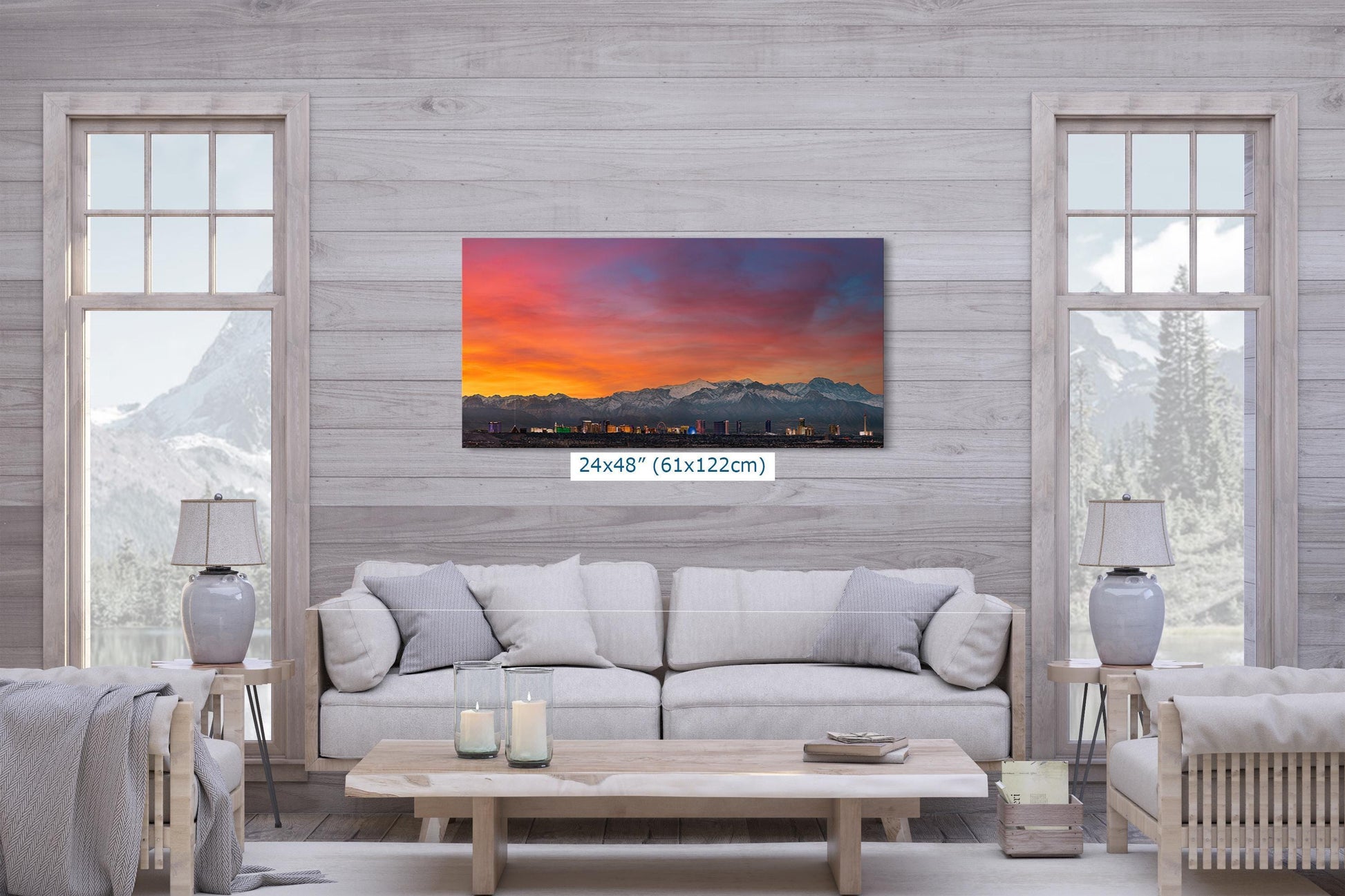 24x48 canvas print of the Las Vegas skyline at sunset displayed in a cozy living room setting.