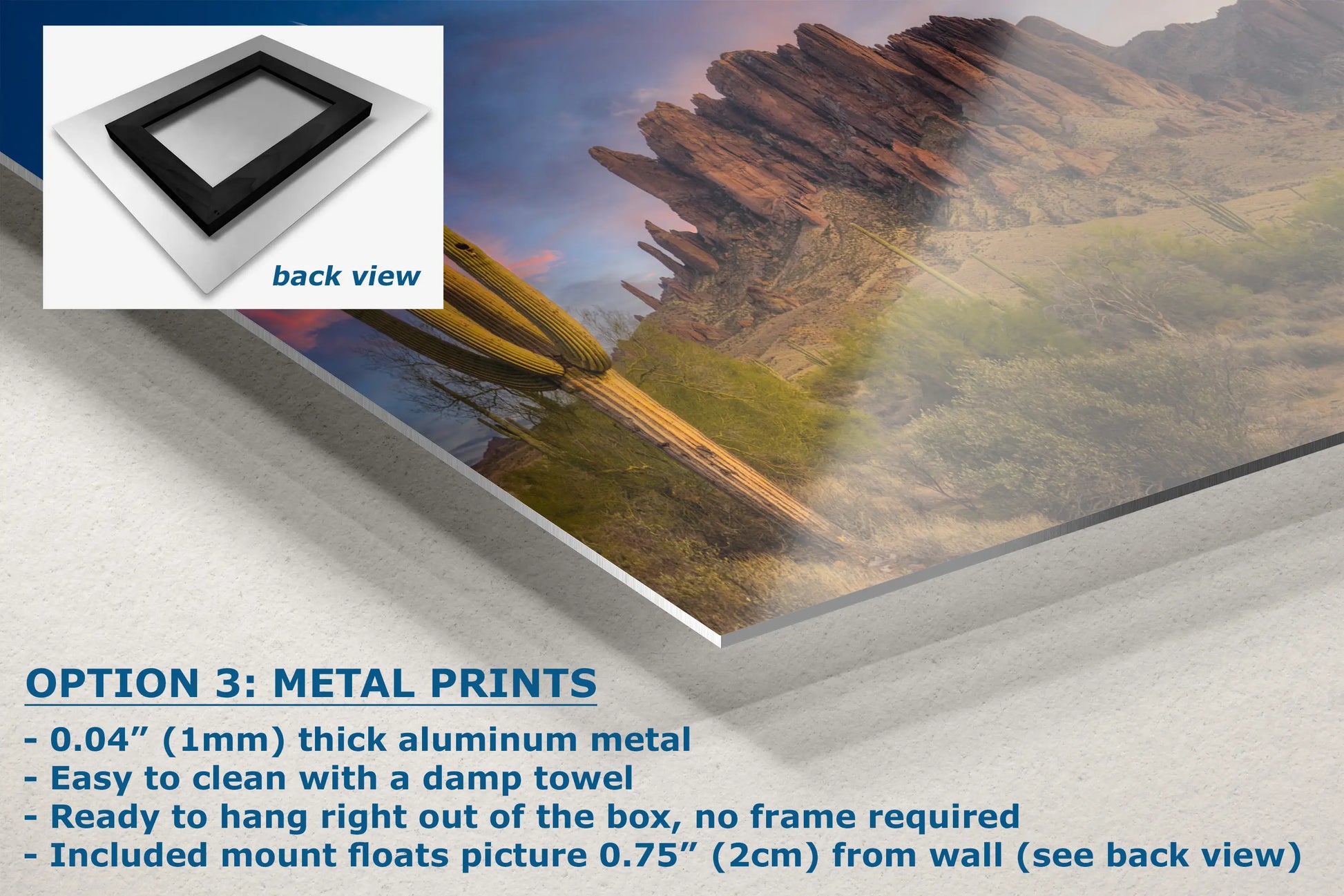 a picture of a mountain range with the text option 3 metal prints