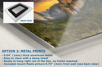 a picture of a mountain range with the text option 3 metal prints