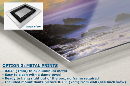 a picture of a beach with the text option 3 metal prints