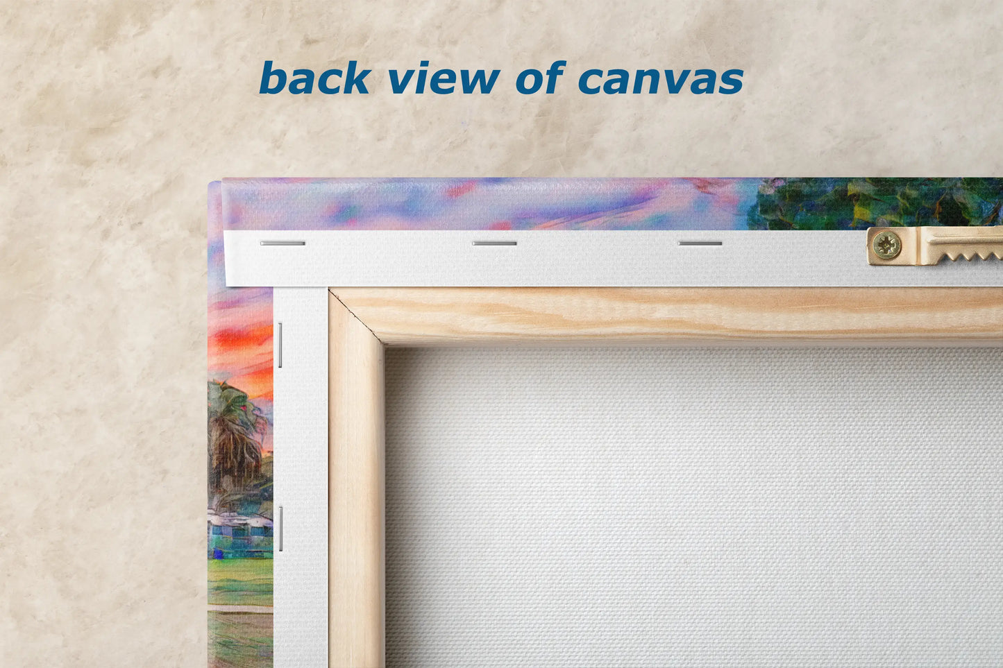 the back view of a picture frame with a painting on it