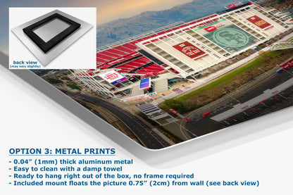 The image is a metal print of a stadium, featuring the San Francisco 49ers logo and other advertisements.