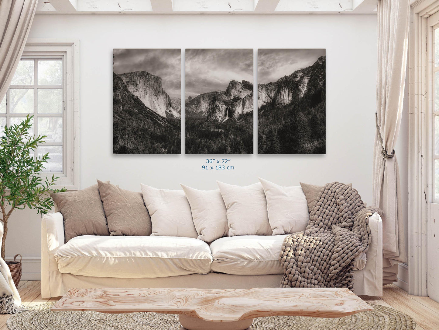 Yosemite Valley National Park Photo Print Mountain Wall Art in Black and White from Tunnel View of El Capitan & Bridalveil Falls