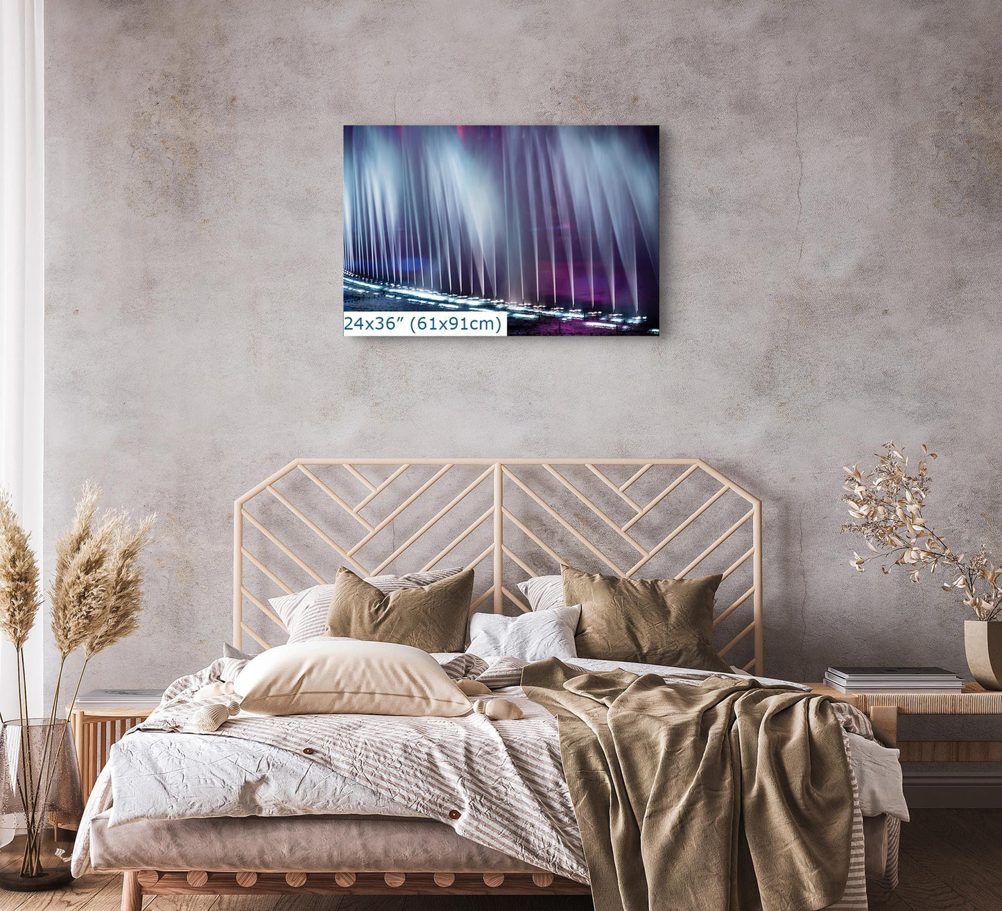 24x36 inch abstract wall art of Bellagio fountains hanging in a cozy bedroom setting.