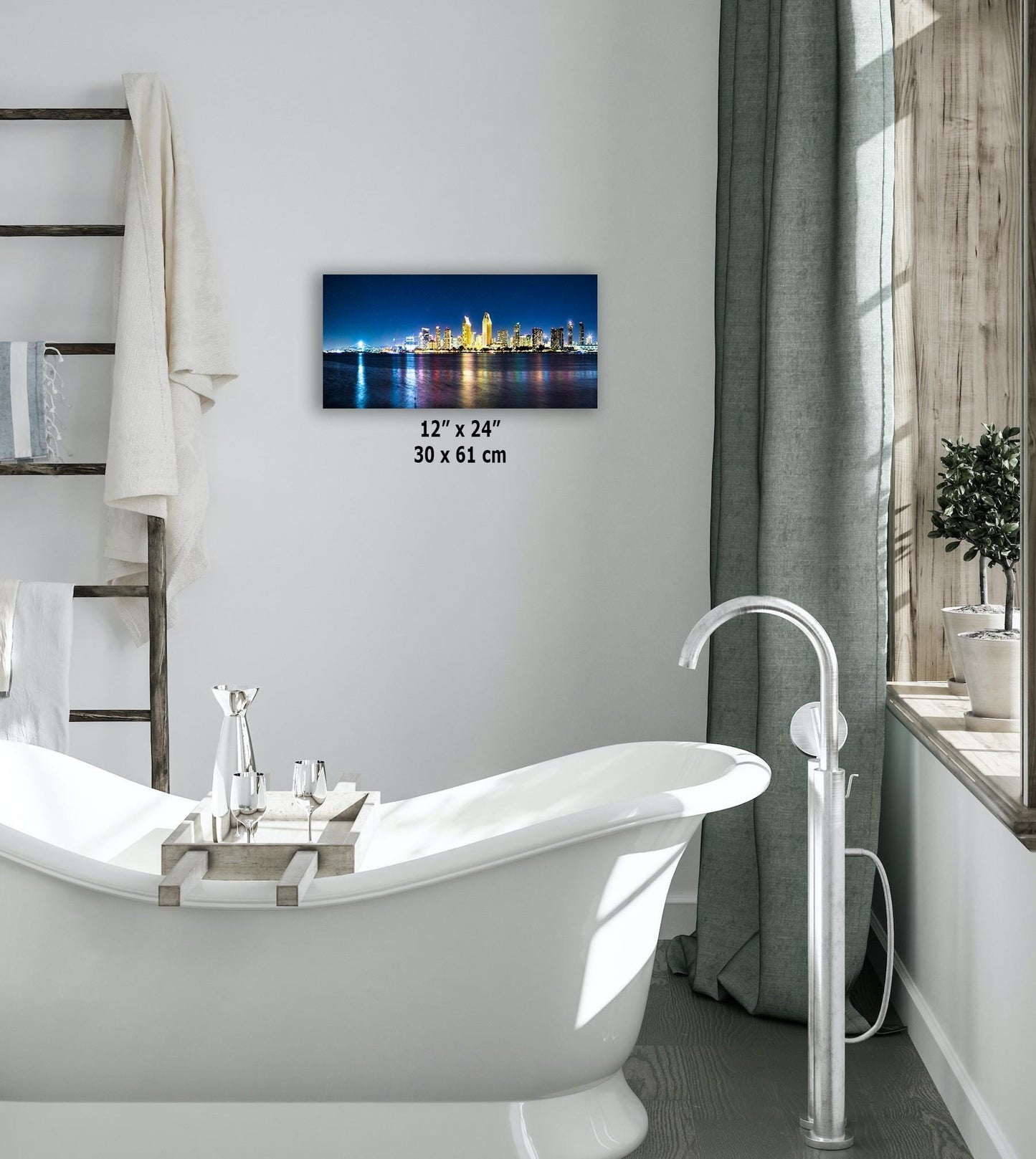 San Diego skyline wall art in a bathroom setting, 12x24 inch size, showcasing the illuminated cityscape at night.